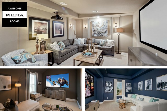 Collage of media room spaces in model home in Elyson.
