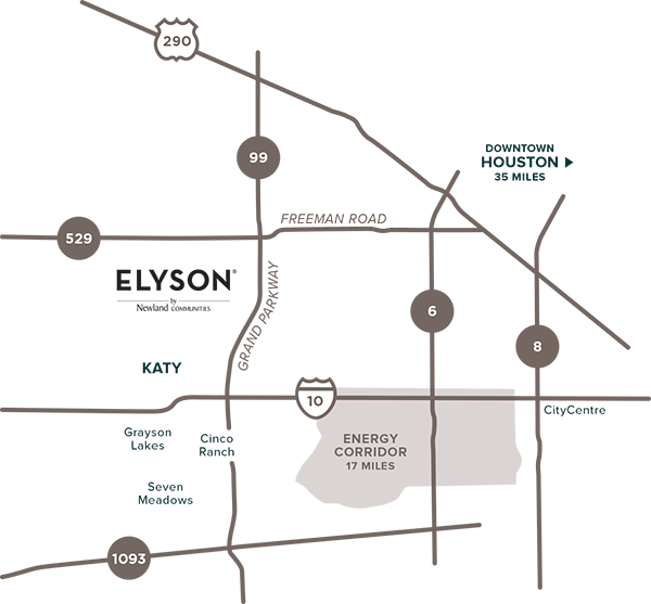 Elyson proximity map to Houston, Texas
