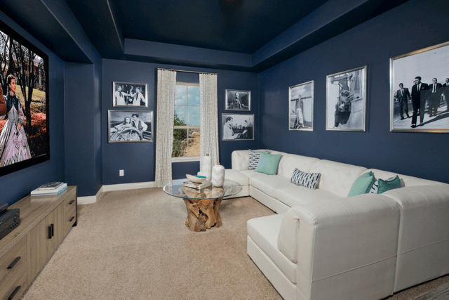 Perry Homes media room with navy walls