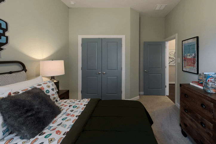 Bedroom with colorful trim.