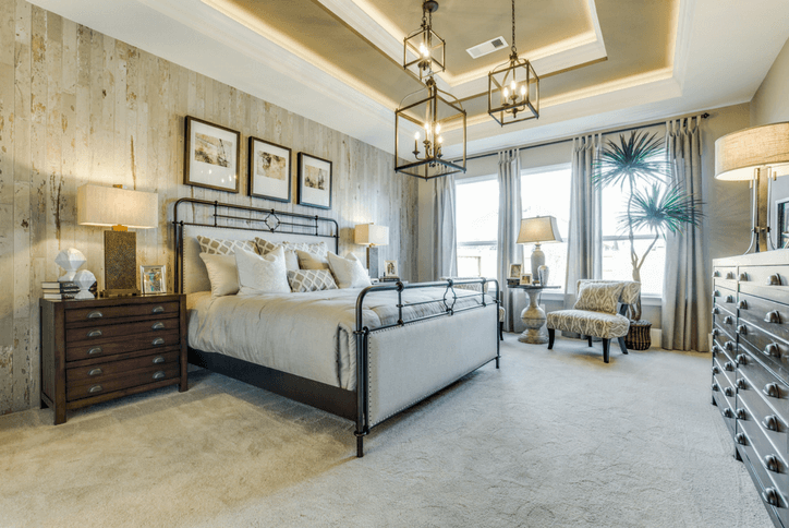 Modern Lighting in Master Bedroom | Pulte model home in Elyson Katy, TX