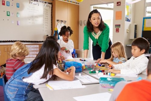 Elementary teacher working with students on a small-group lesson in a Katy ISD-style classroom.