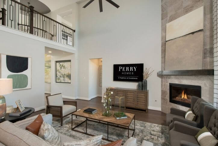 Perry Homes model home living fireplace