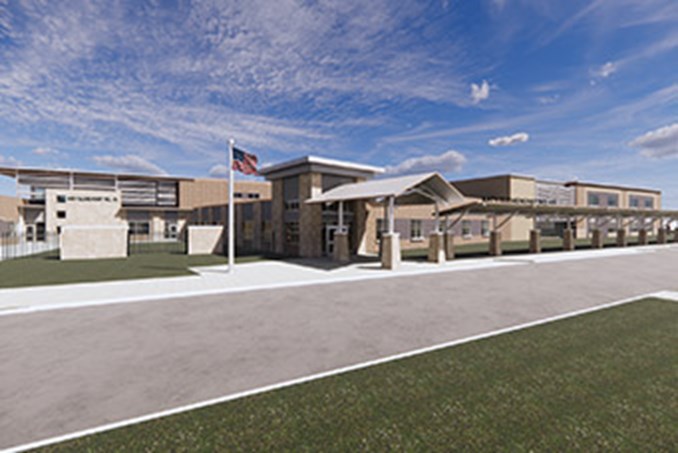 Exterior rendering of David and Terri Youngblood Elementary in the Elyson community in Katy, TX