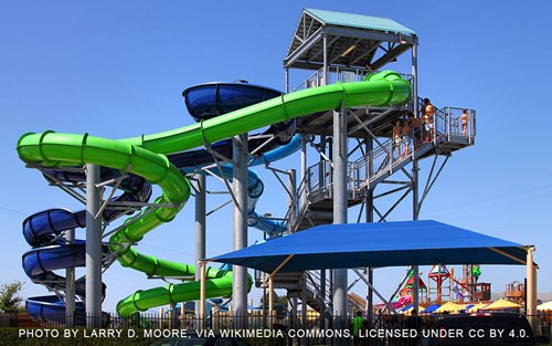 Colorful waterslides at Typhoon Texas waterpark, one of the most exciting attractions near Katy, TX