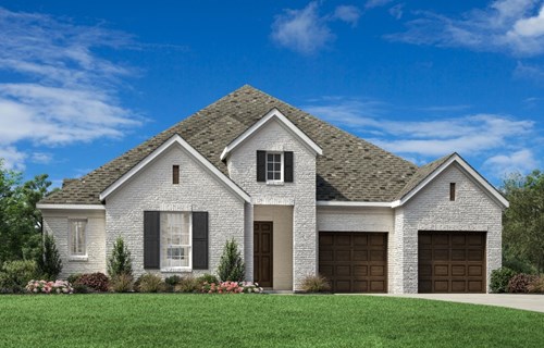 A modern single-story brick home with multiple gables, dark shutters, landscaped yard, and a two-car garage under a bright blue sky.
